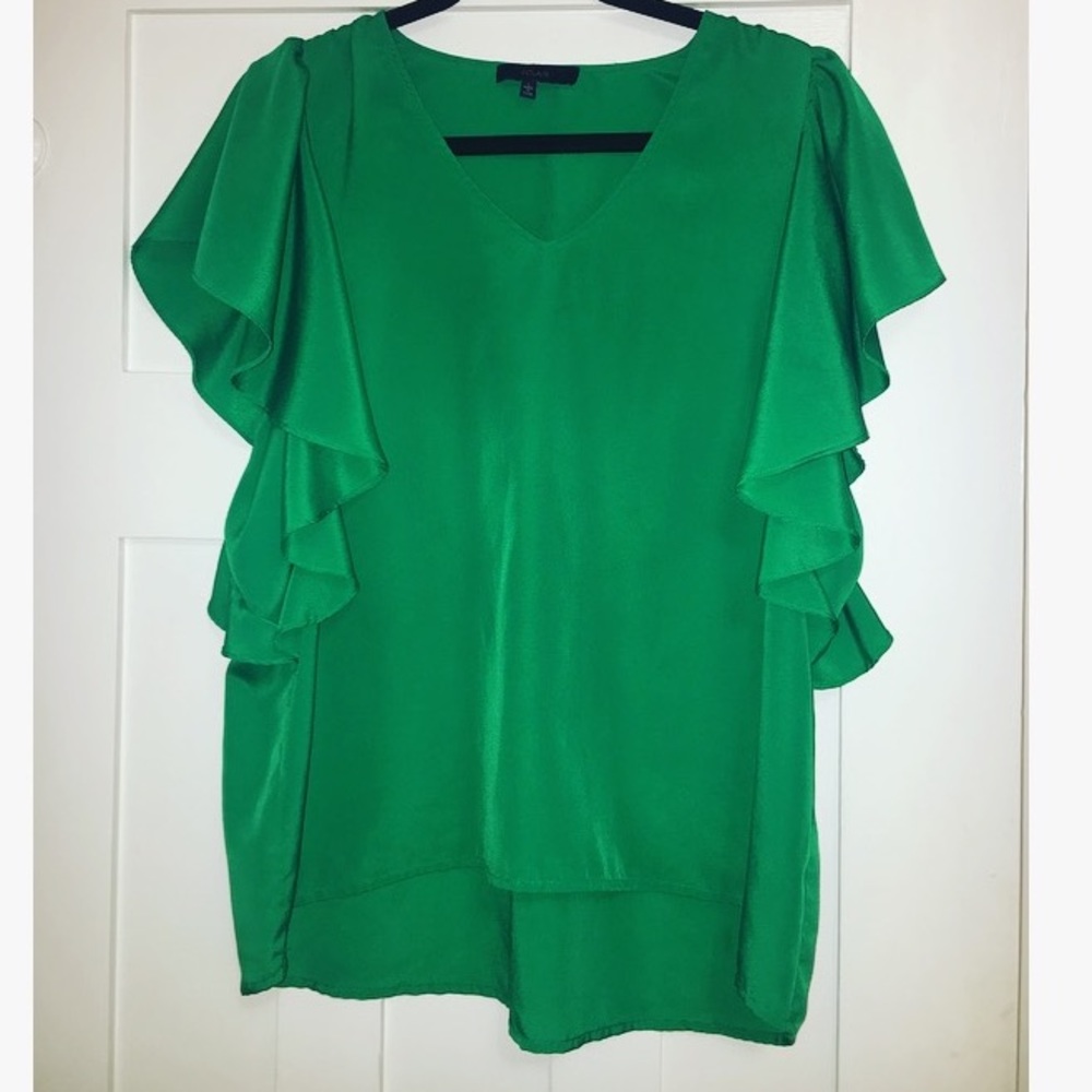 Green Silky V-Neck Blouse with Ruffle Sleeves
